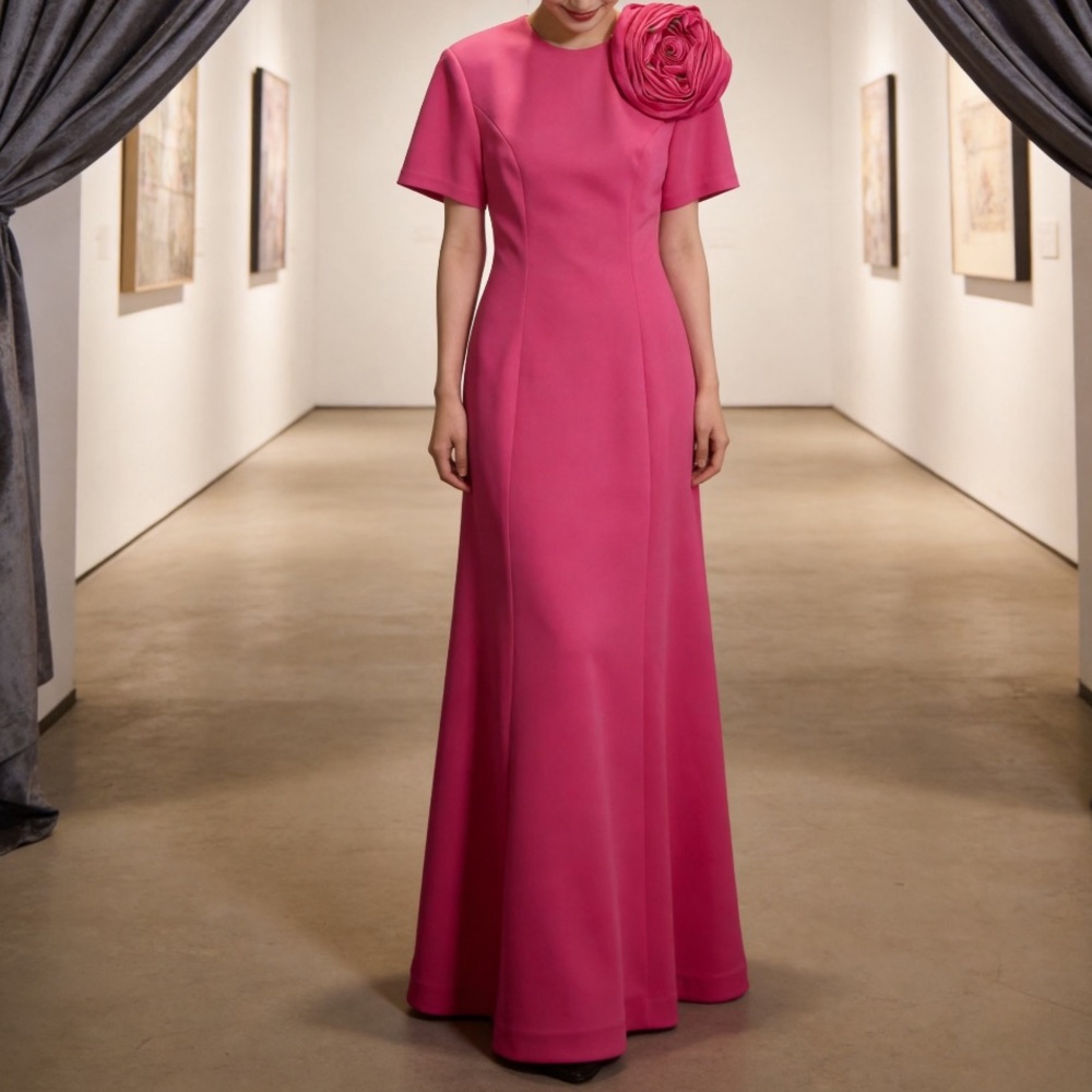 Rachel Gilbert Fuchsia Maxi Dress with Rosette Shoulder